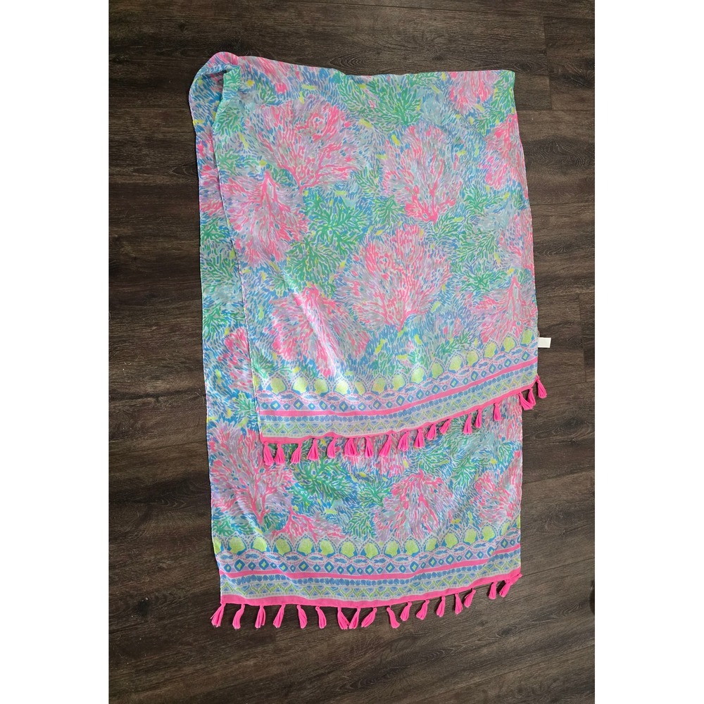 Lilly Pulitzer Sarong Wrap Swim Cover Up Pink Blue Coral Floral Tassel Trim
